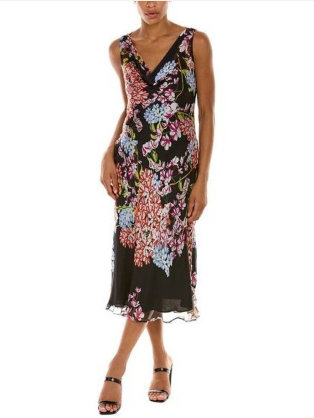 Josie Natori Dress Womens M Black Floral 100% Silk Sheer Cowl Neck Slip Lined